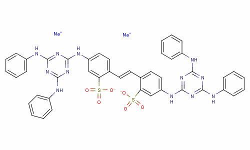 Benzenesulfonic acid, 2,2-(1,2-ethenediyl)bis[ 5-[[4,6-bis(phenylamino)-1,3,5-triazin-2-yl]amino ]-, disodium salt Structure,133-66-4Structure