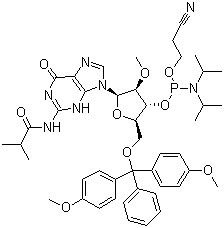 5-O-(4,4-二甲氧基三苯甲基)-2-O-甲基-N-異丁酰基鳥苷-3-(2-氰基乙基-N,N-二異丙基)亞磷酰胺結(jié)構(gòu)式_150780-67-9結(jié)構(gòu)式