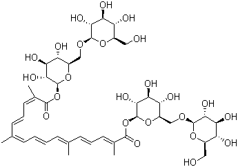 Crocin:b-d-glucopyranose, 6-o--d-glucopyranosyl-, 1,1-[(all-e)-2,6,11,15-tetramethyl-2,4,6,8,10,12,14-hexadecaheptaenedioate], Structure,42553-65-1Structure