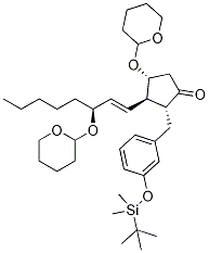 Cyclopentanone, 2-[[3-[[(1,1-dimethylethyl)dimethylsilyl]oxy]phenyl]methyl]-4-[(tetrahydro-2 h-pyran-2-yl)oxy]-3-[3-[(tetrahydro-2h-pyran-2-yl)oxy]-1-octenyl]-, [2r-[2a,3b(1e,3s*),4a]]- Structure,65423-57-6Structure