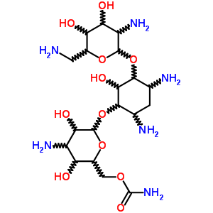 6-O-(3-氨基-6-氨基甲酰-3-脫氧-alpha-D-吡喃葡萄糖基)-4-O-(2,6-二氨基-2,6-二脫氧-alpha-D-吡喃葡萄糖基)-2-脫氧-D-鏈霉胺結(jié)構(gòu)式_51736-76-6結(jié)構(gòu)式